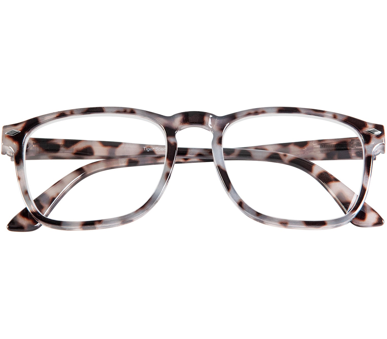 Chicago (Grey Tortoise) retro style, unisex reading glasses with large lenses and grey tortoiseshell frames. Front view.