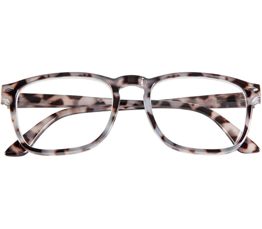 Chicago (Grey Tortoise) retro style, unisex reading glasses with large lenses and grey tortoiseshell frames. Front view.