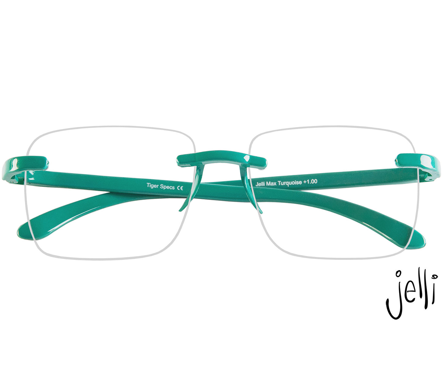 Jelli Max (Turquoise) square, rimless reading glasses with large lenses and turquoise details. Front view.