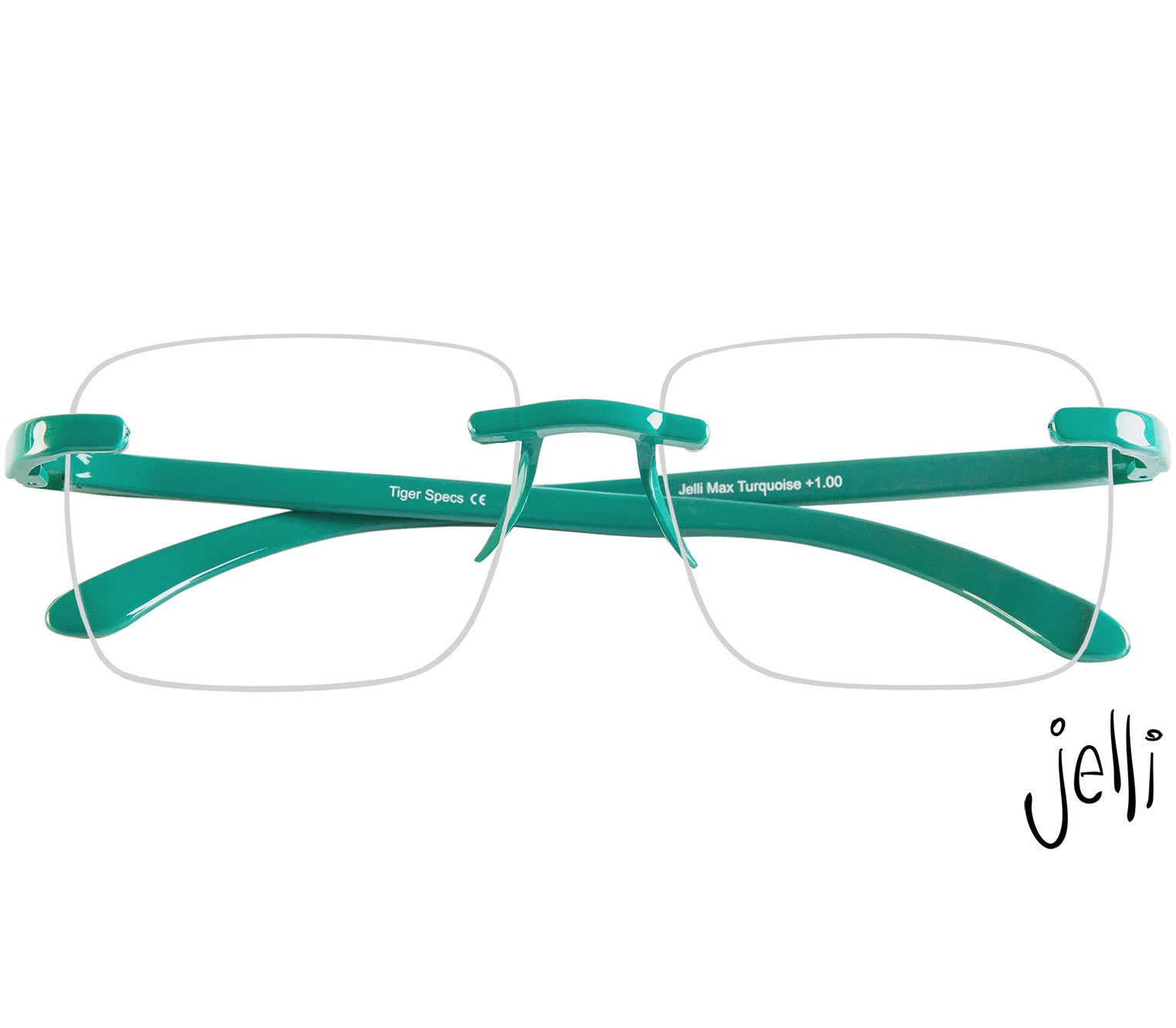 Jelli Max (Turquoise) square, rimless reading glasses with large lenses and turquoise details. Front view.