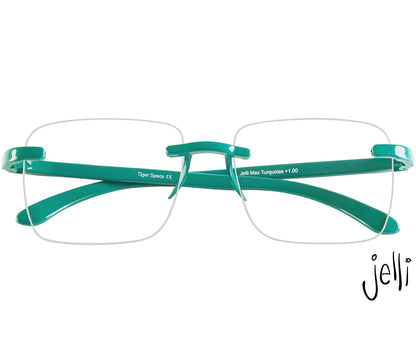 Jelli Max (Turquoise) square, rimless reading glasses with large lenses and turquoise details. Front view.