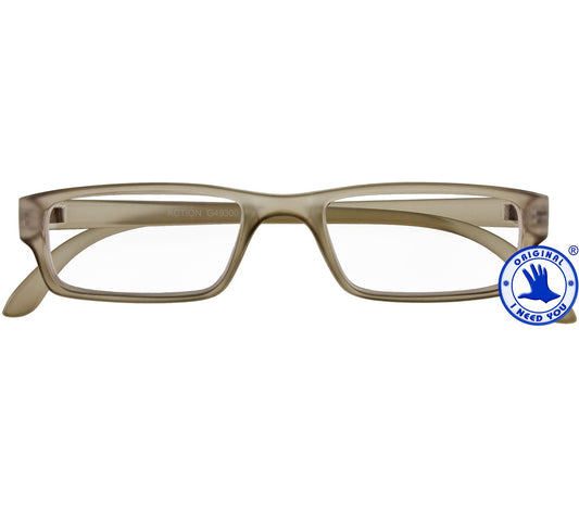 Action (Grey) unisex reading glasses. Classic shaped glasses with a smooth grey finish. Folded view.