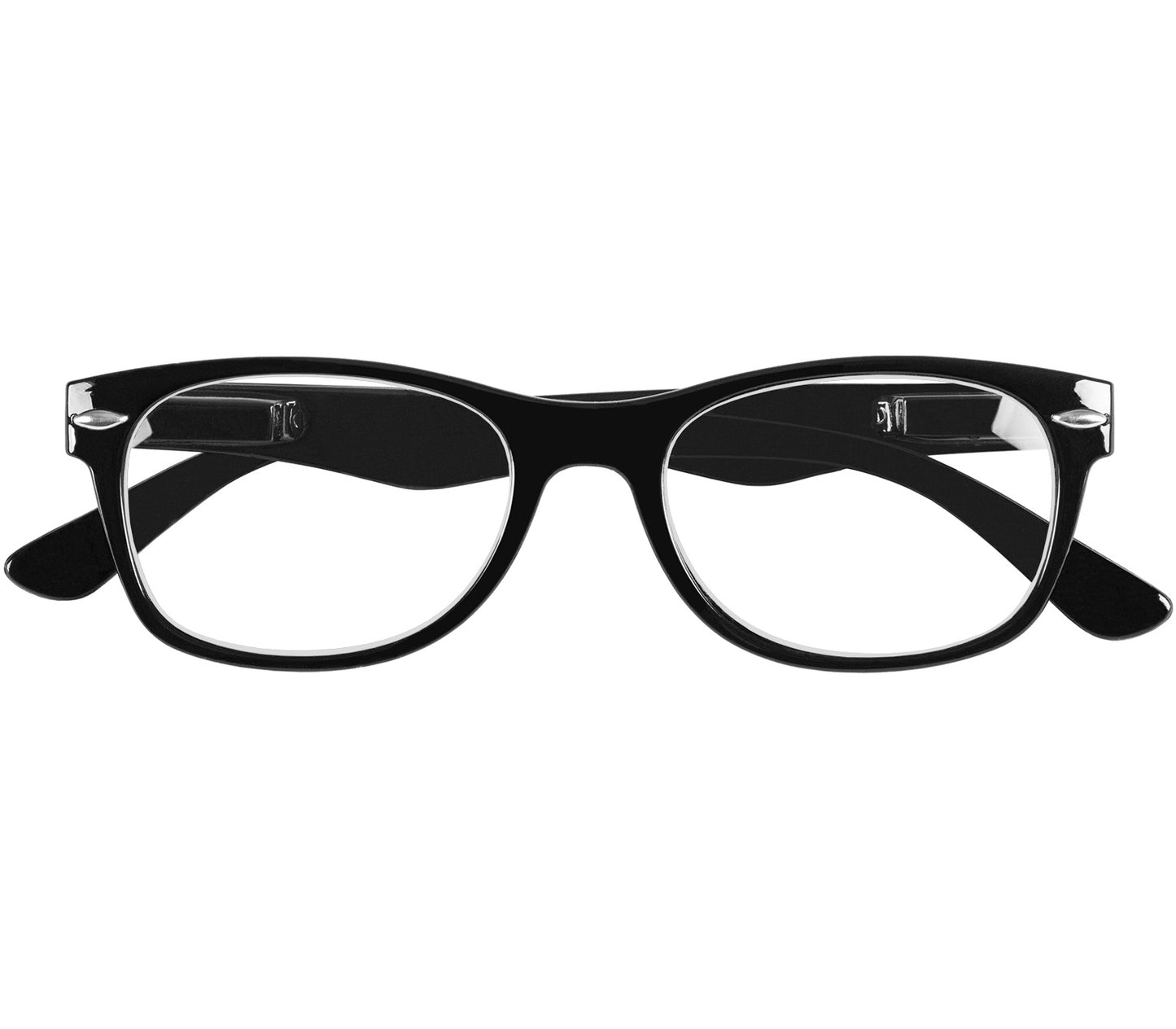 Harper (Black) retro, unisex reading glasses with oval lenses and glossy black frames. Front view.