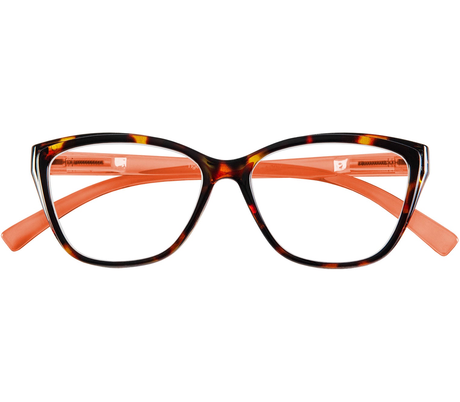Opera (Tortoiseshell) women's cat eye shaped, two tone reading glasses. Tortoiseshell frame and orange temples. Front view.