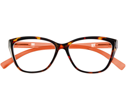 Opera (Tortoiseshell) women's cat eye shaped, two tone reading glasses. Tortoiseshell frame and orange temples. Front view.