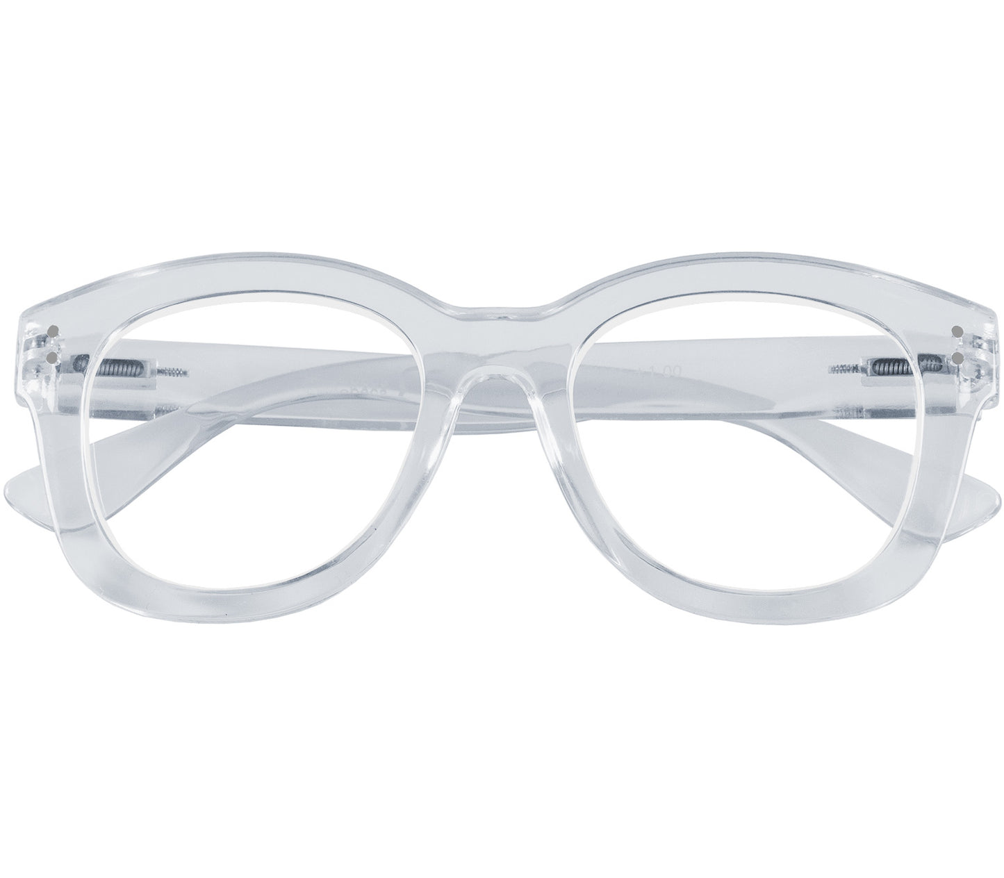 Paris (Clear) oversized, cat eye shaped women's reading glasses with a translucent frame and rivet details. Front view.