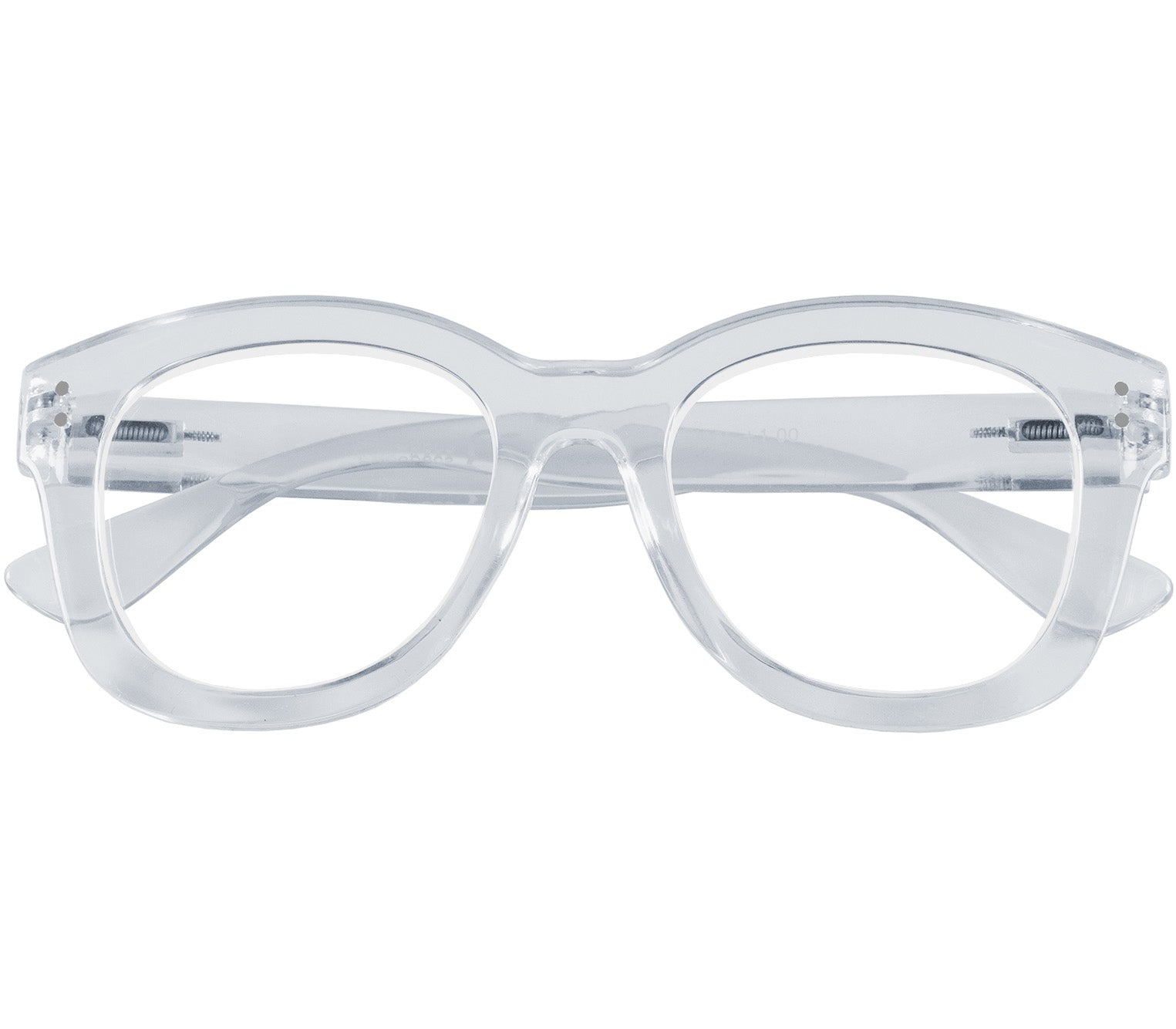 Paris (Clear) oversized, cat eye shaped women's reading glasses with a translucent frame and rivet details. Front view.