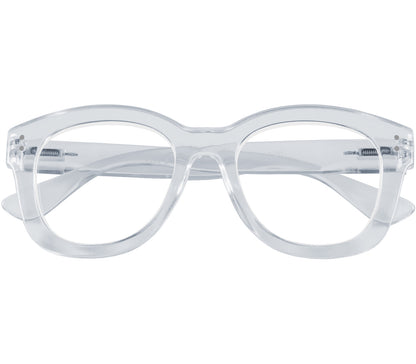 Paris (Clear) oversized, cat eye shaped women's reading glasses with a translucent frame and rivet details. Front view.