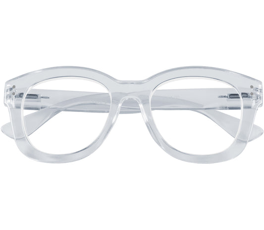 Paris (Clear) oversized, cat eye shaped women's reading glasses with a translucent frame and rivet details. Front view.