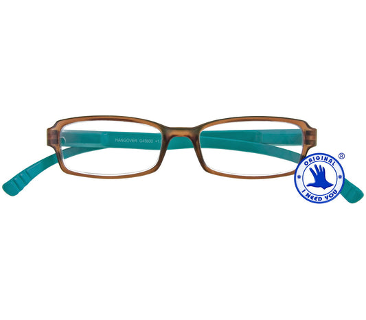 Hangover (Brown) unisex reading glasses with long arms for hanging around your neck. Turquoise arms and contrasting brown frames. Front view.