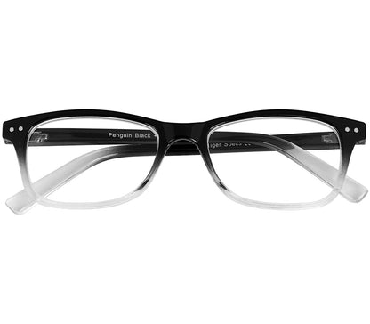 Penguin (Black) classic vintage style, unisex reading glasses with a two tone black and clear frame. Front view.