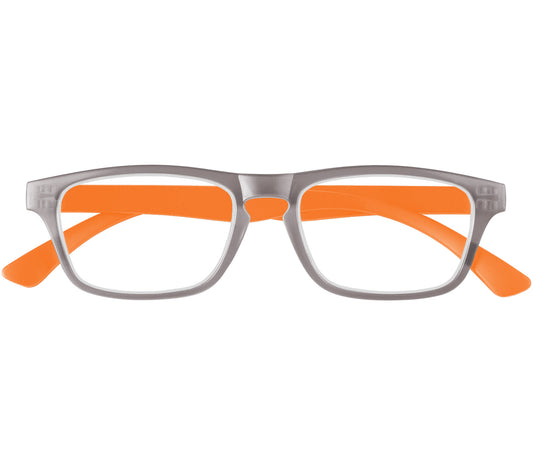 Metro (Orange) classic unisex reading glasses with oval lenses in a two tone grey and orange frame. Front view.