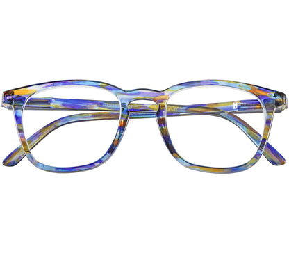 Scholar (Multi-coloured) retro unisex reading glasses with large oval shaped lenses, slender patterned multi-coloured frame. Front view.