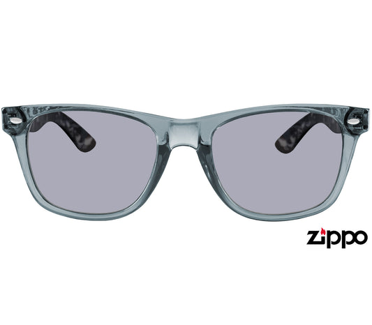 Spectrum (Grey) wayfarer sunglasses with oval smoke grey lenses and black and white patterned arms. Front view.