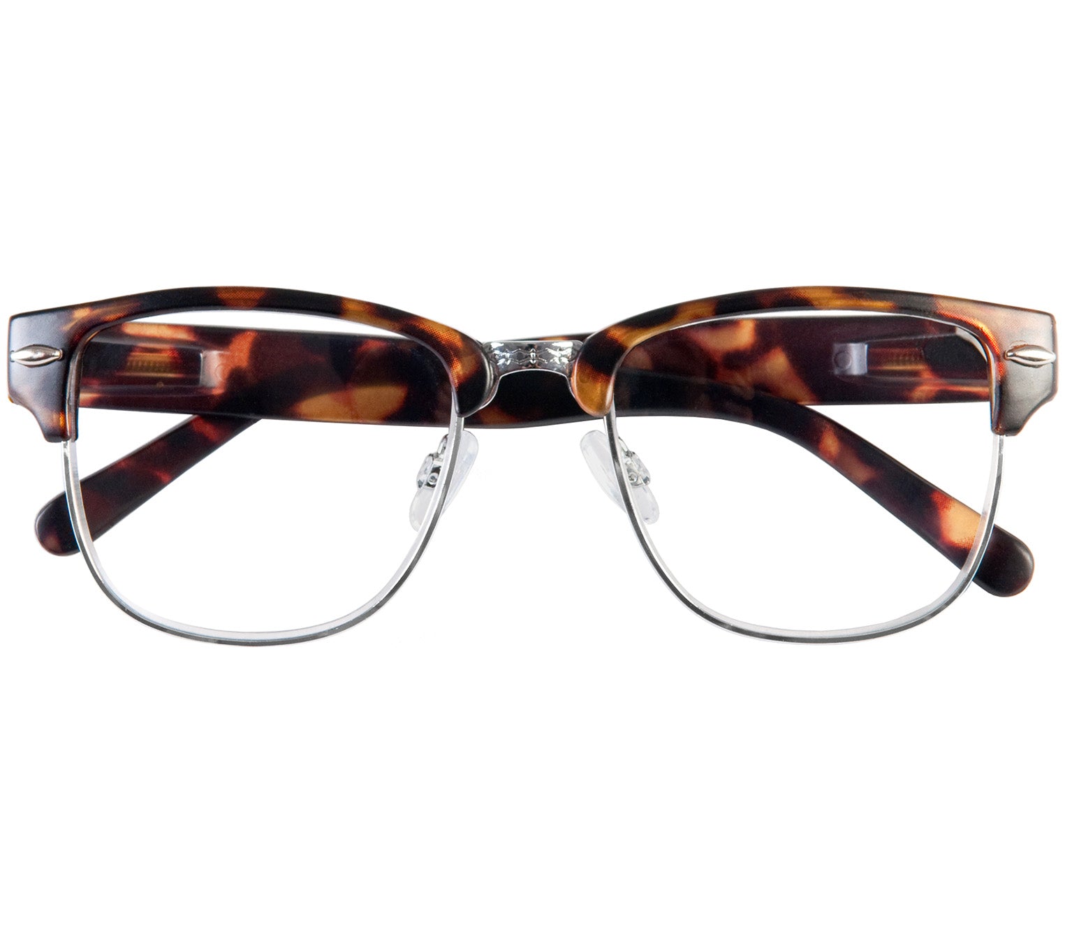 Harvard (Tortoiseshell) classic unisex clubmaster reading glasses with metal frame details and matt tortoiseshell temples. Front view.