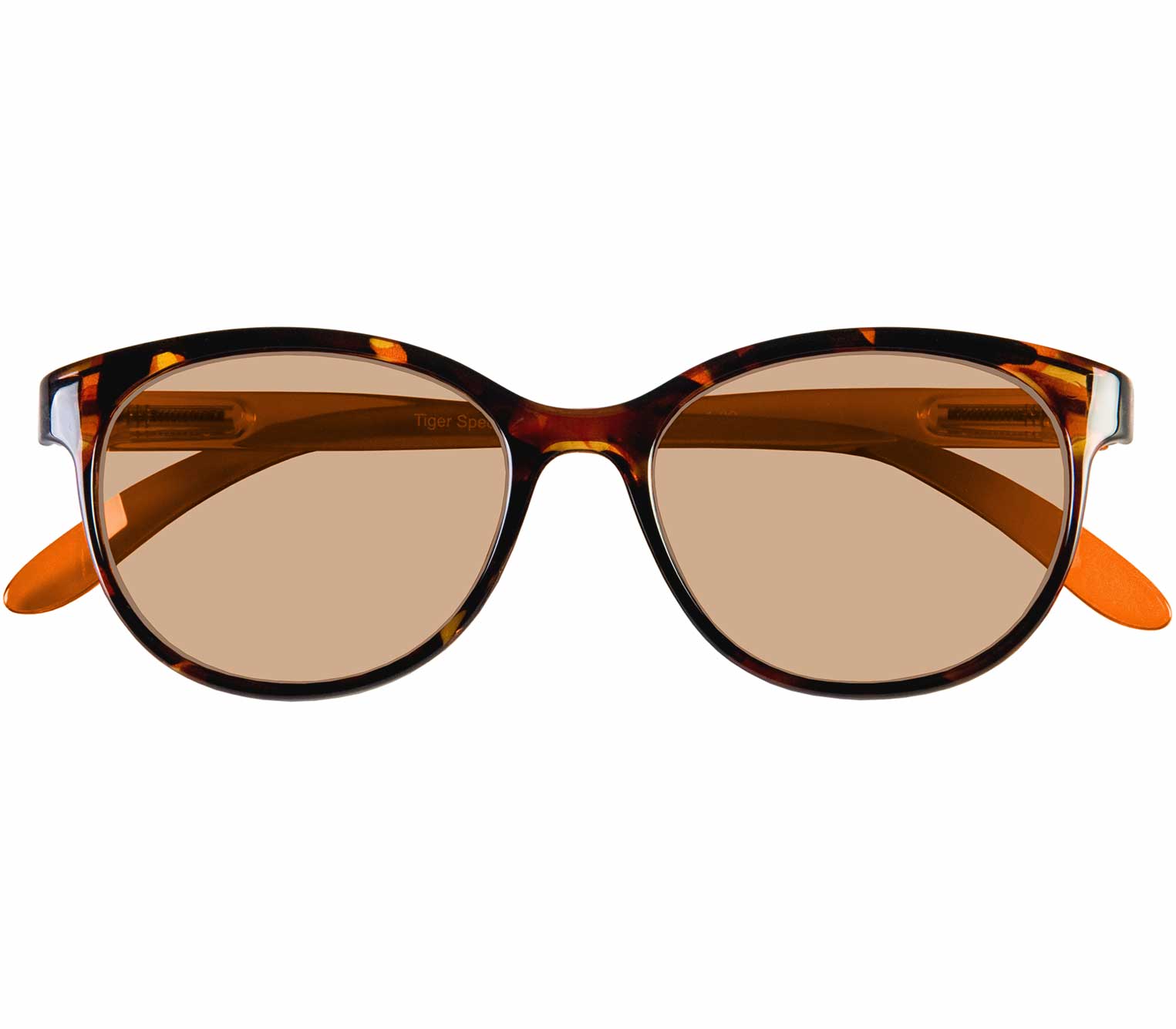 Naomi (Orange) women's cat eye sunglasses with tortoiseshell frame and orange arms. Round brown tinted lenses. Front view.