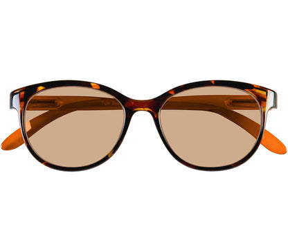 Naomi (Orange) women's cat eye sunglasses with tortoiseshell frame and orange arms. Round brown tinted lenses. Front view.
