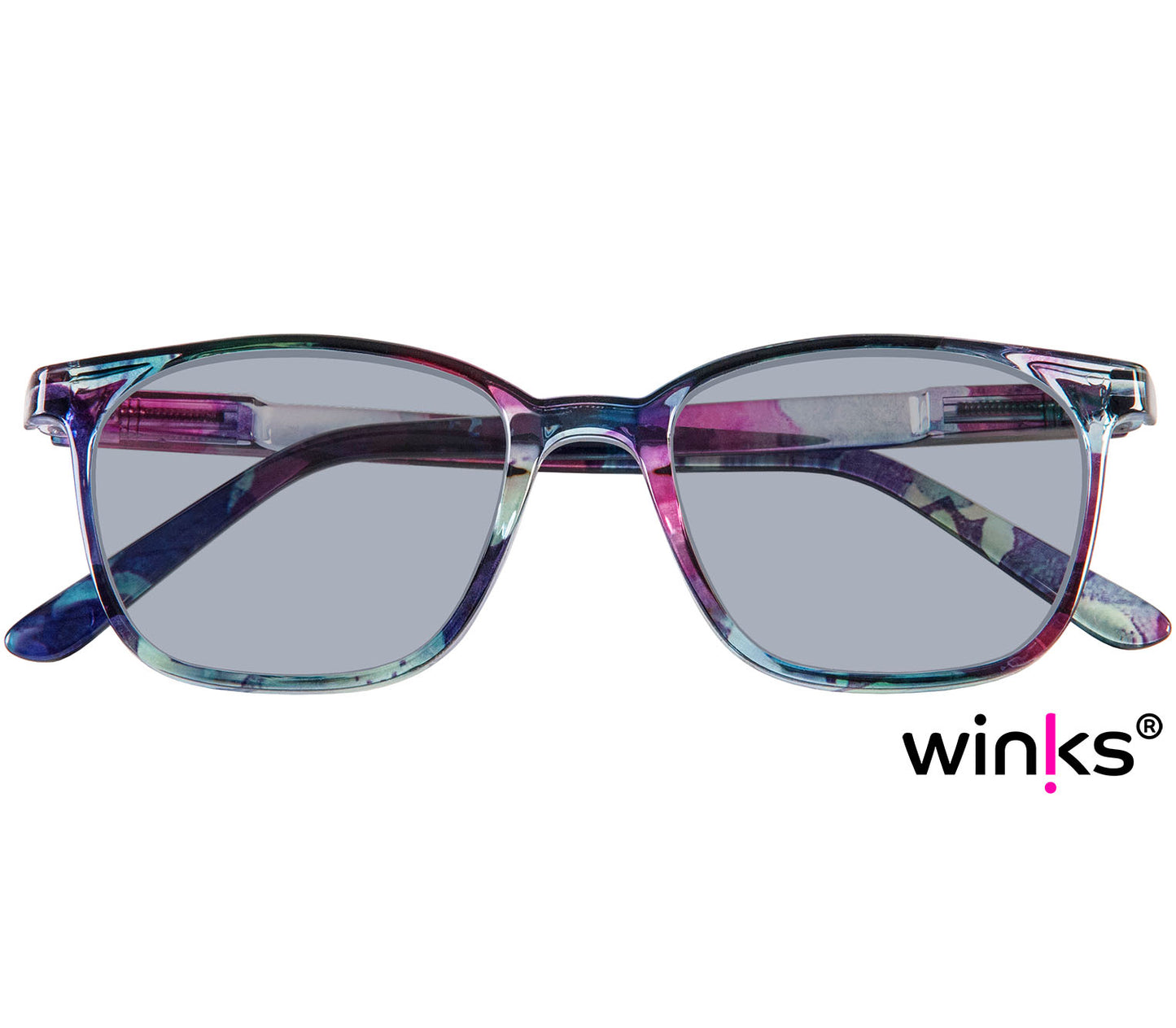 Artist Sun (Multi-coloured) reading sunglasses. Floral patterned frames and large oval lenses. Front view.