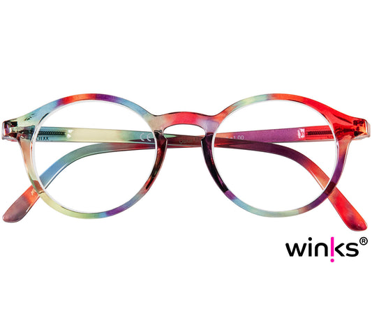 Oskar (Multi-coloured) unisex reading glasses with large round lenses and a glossy multi-coloured frame. Front view.