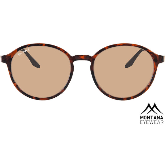 Madrid (Tortoiseshell) round lens retro sunglasses with a slender, dark tortoiseshell frame and tinted polarised lenses. Front view.