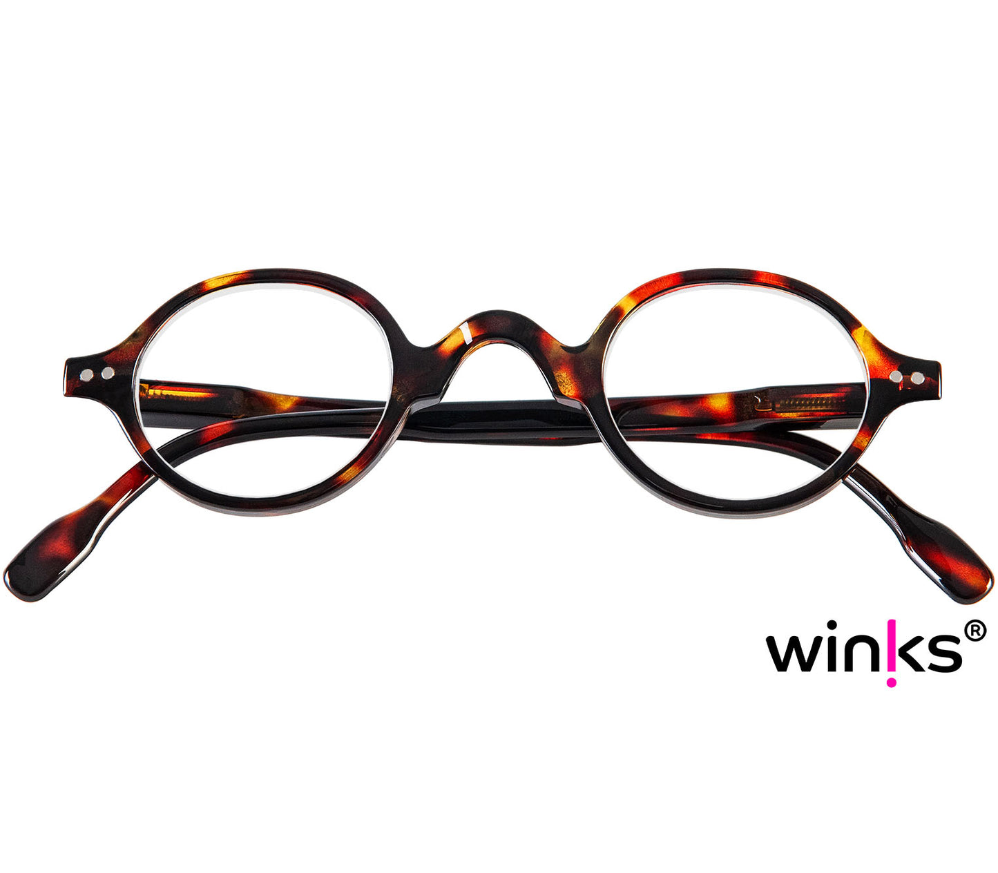 Hartford (Tortoiseshell) retro unisex reading glasses with round lenses and an antique style dark tortoiseshell pattern. Front view.