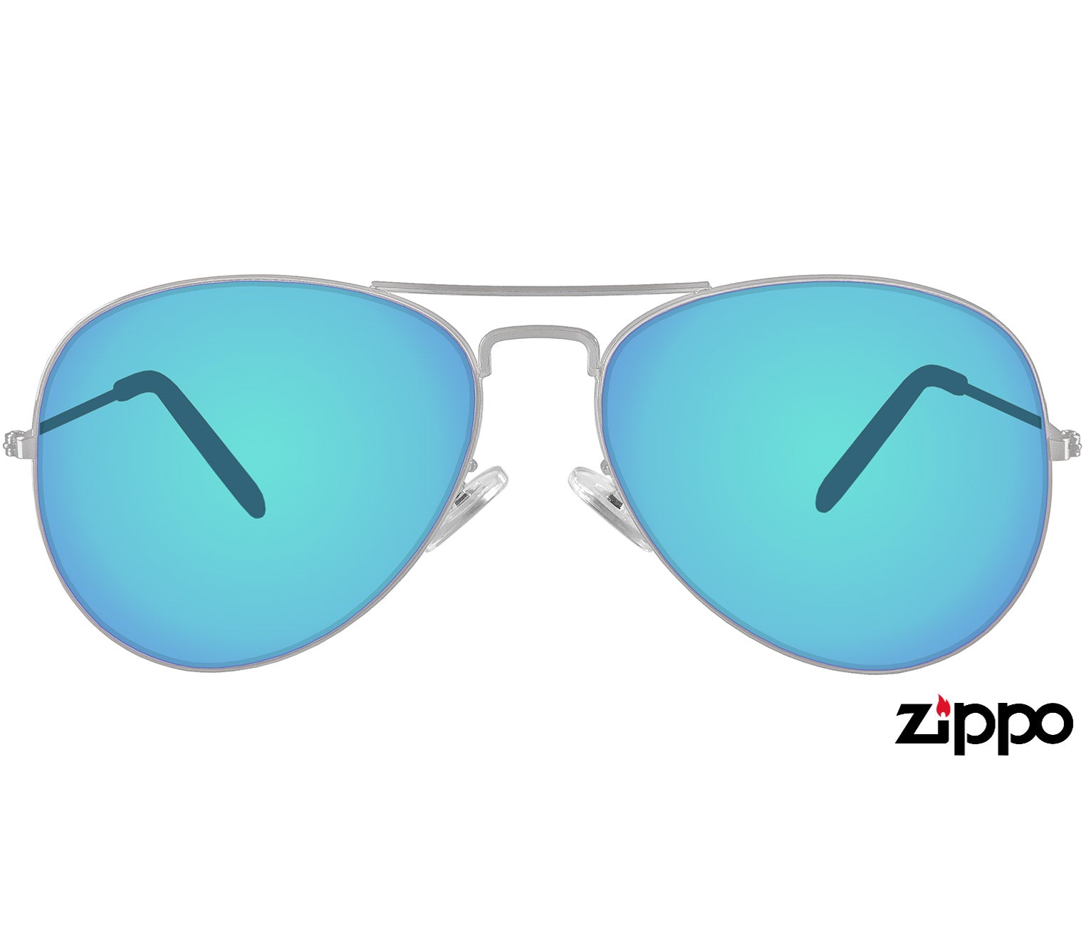 Pilot (Blue) classic aviator sunglasses by Zippo with turquoise mirror lenses and slender metal frames. Front view.