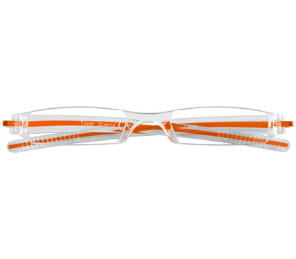 Soda (Orange) sleek, compact and ultra lightweight reading glasses with clear frames and orange detailed temples. Front view.