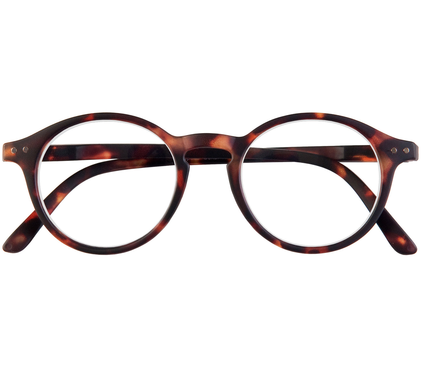 Oskar (Tortoiseshell) unisex reading glasses with large round lenses and soft touch deep tortoiseshell frames. Front view.