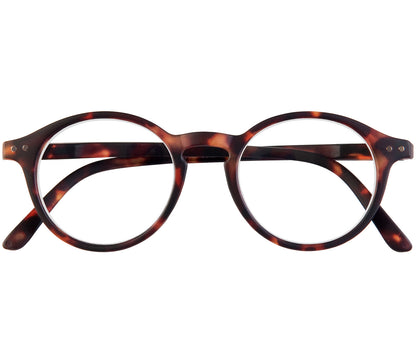 Oskar (Tortoiseshell) unisex reading glasses with large round lenses and soft touch deep tortoiseshell frames. Front view.