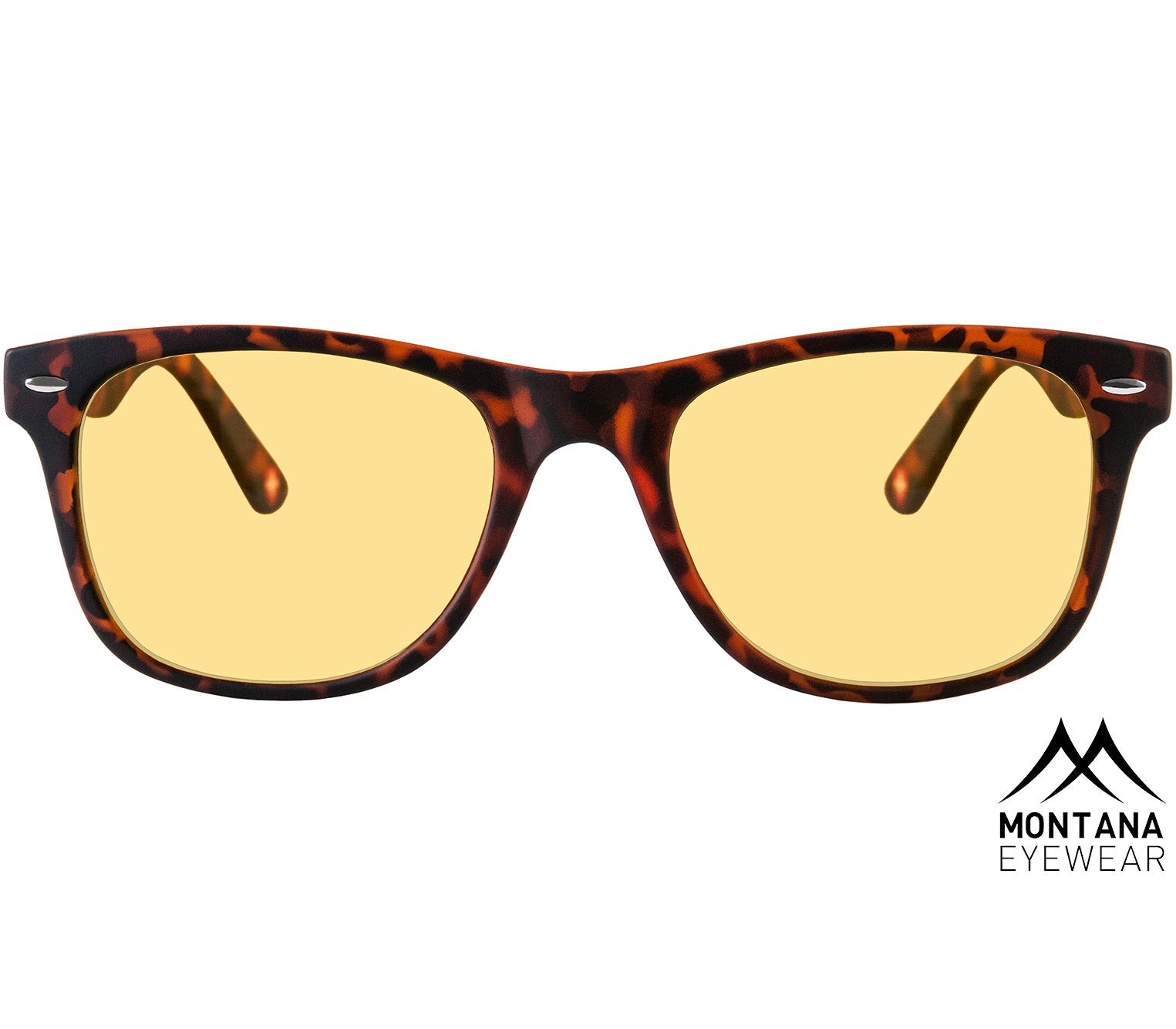 Grid (Tortoiseshell) classic wayfarer shaped night driving glasses. Wide arms and tortoiseshell pattern. Front view.
