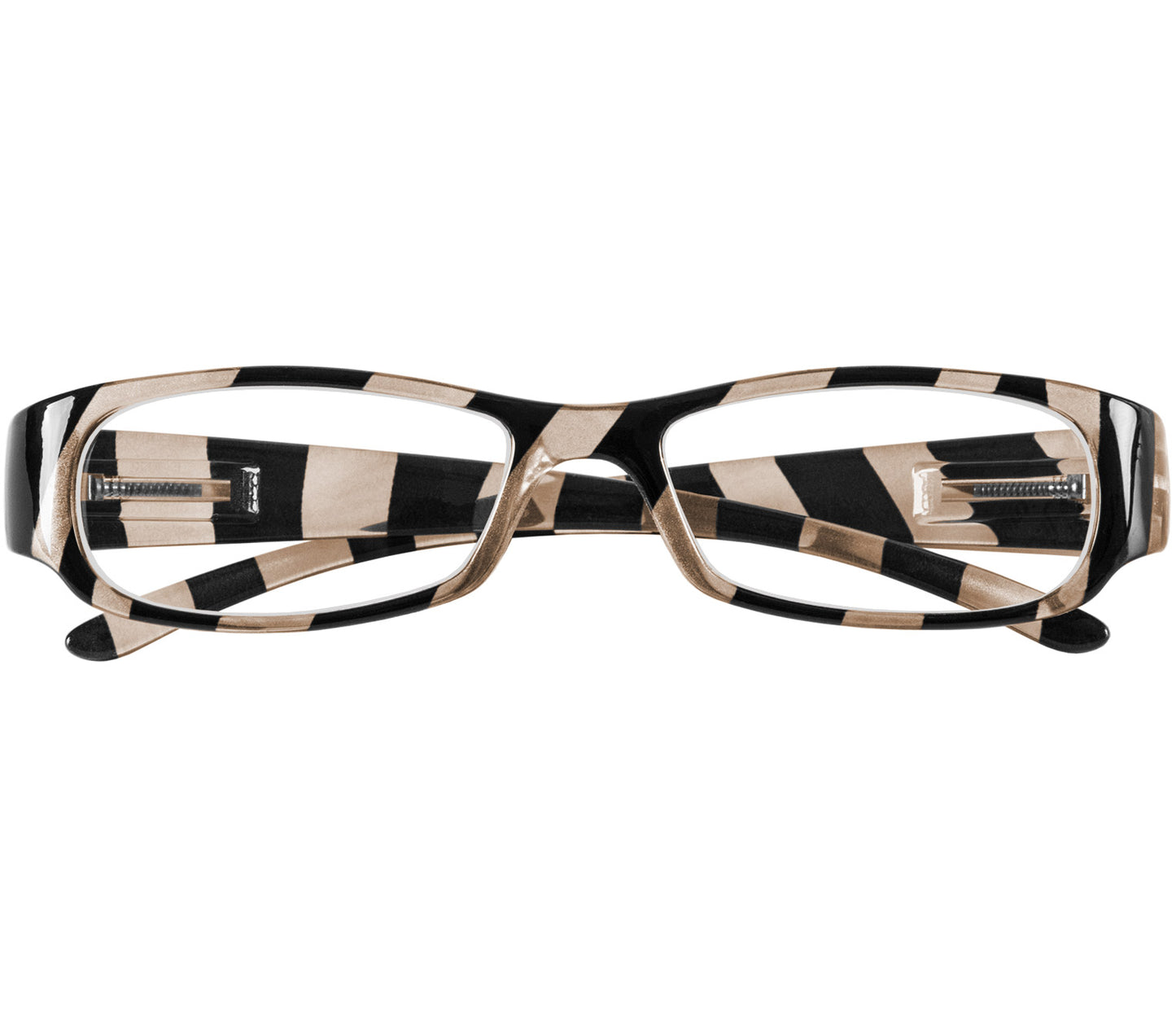 Shandy (Grey) classic women's reading glasses with striped champagne and black frames and a glossy finish. Front view.