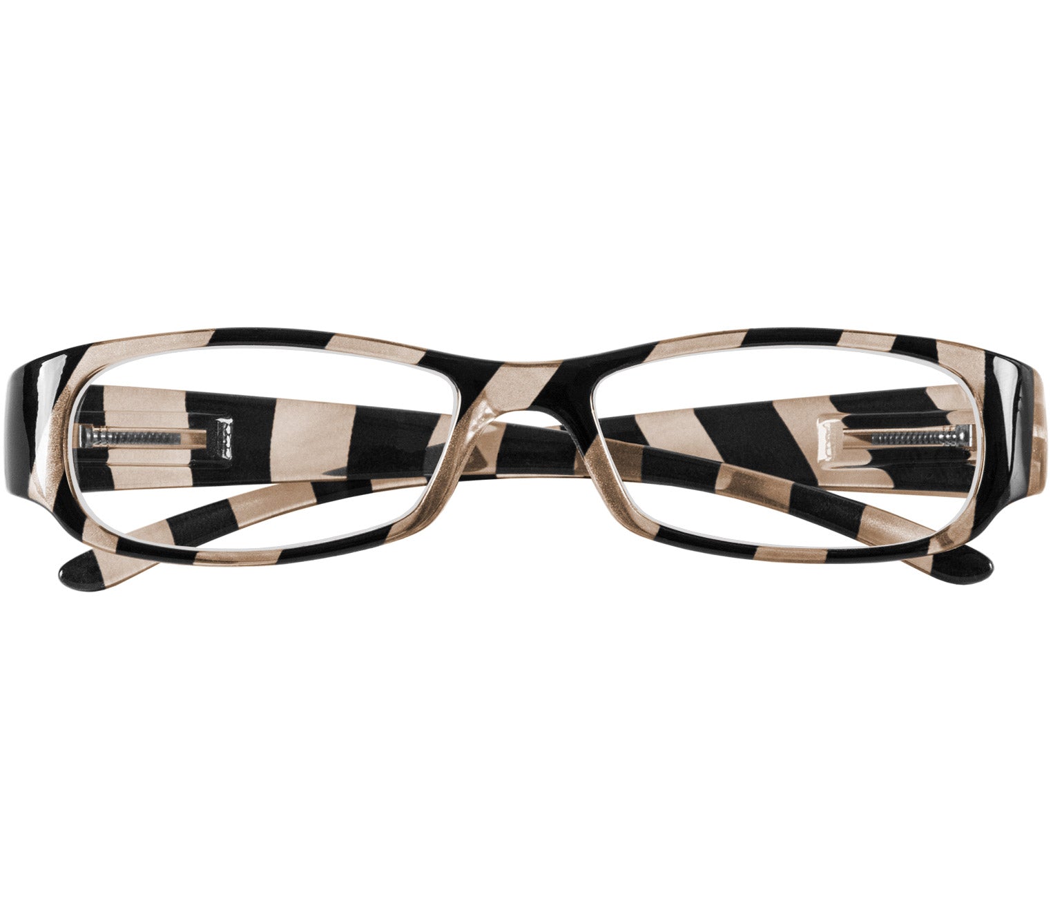 Shandy (Grey) classic women's reading glasses with striped champagne and black frames and a glossy finish. Front view.