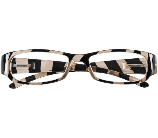 Shandy (Grey) classic women's reading glasses with striped champagne and black frames and a glossy finish. Front view.