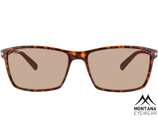 Horizon (Tortoiseshell) sunglasses with large rectangular lenses, slender frame and smoke brown tinted lenses. Front view.