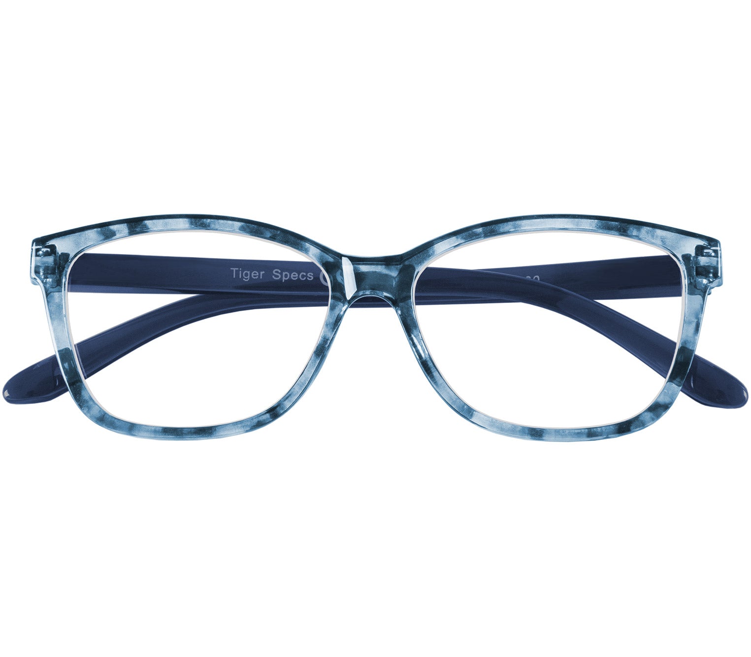 Courtney (Blue) women's cat eye shaped reading glasses with translucent blue frames. Front view.