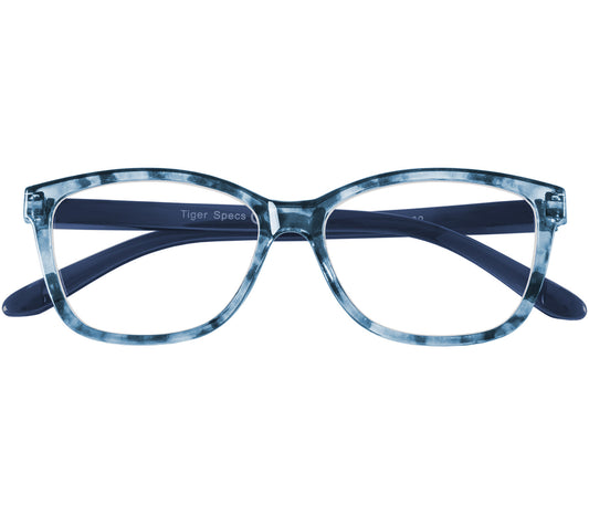 Courtney (Blue) women's cat eye shaped reading glasses with translucent blue frames. Front view.