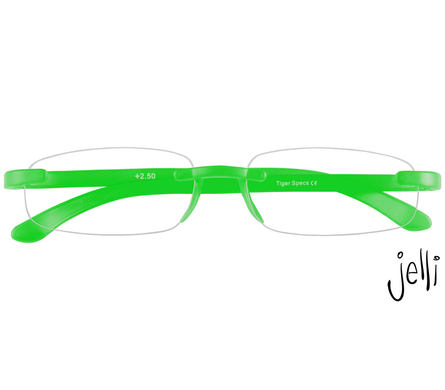 Jelli Neon (Green) rimless, slim reading glasses with semi-translucent bright green arms and bridge. Front view.