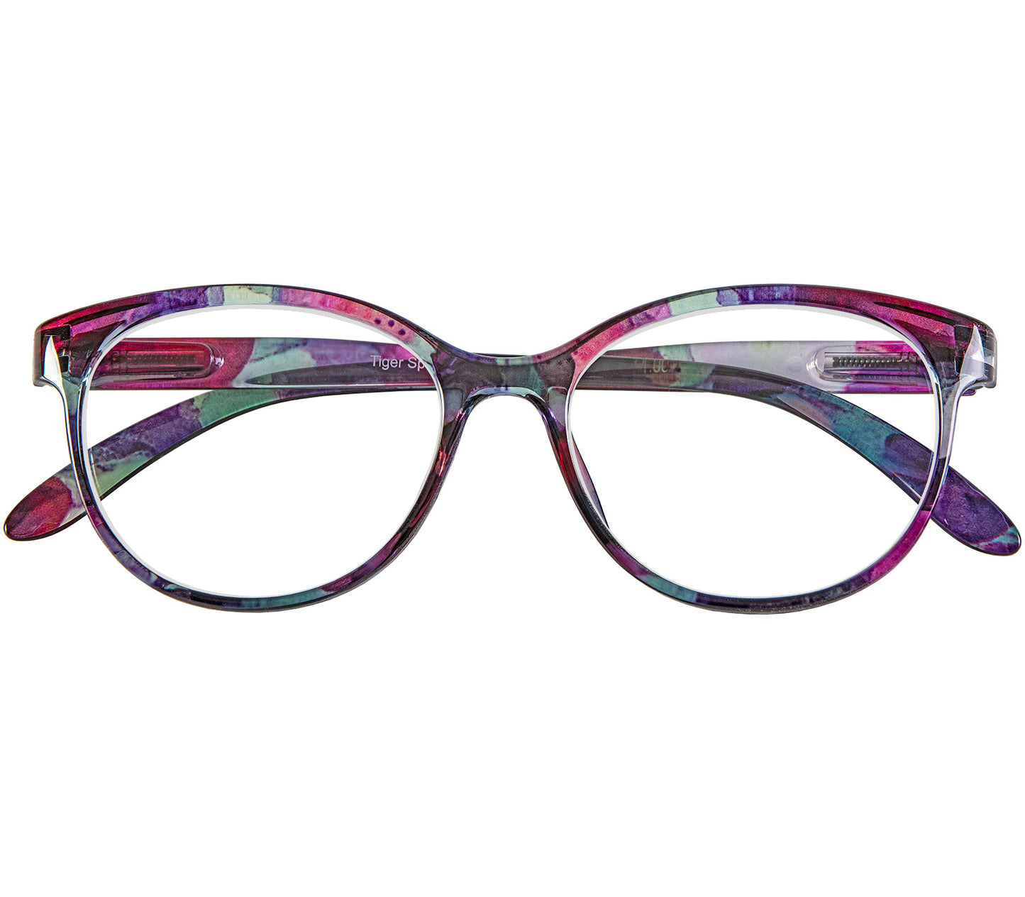 Lala (Multi-coloured) cat eye shaped, women's reading glasses with a multi coloured floral pattern. Front view.