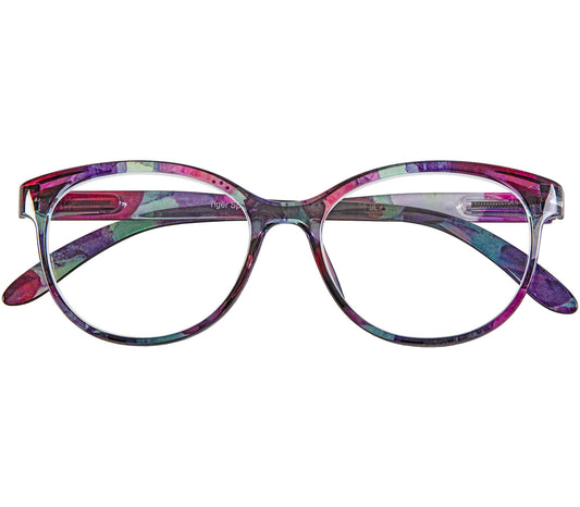 Lala (Multi-coloured) cat eye shaped, women's reading glasses with a multi coloured floral pattern. Front view.