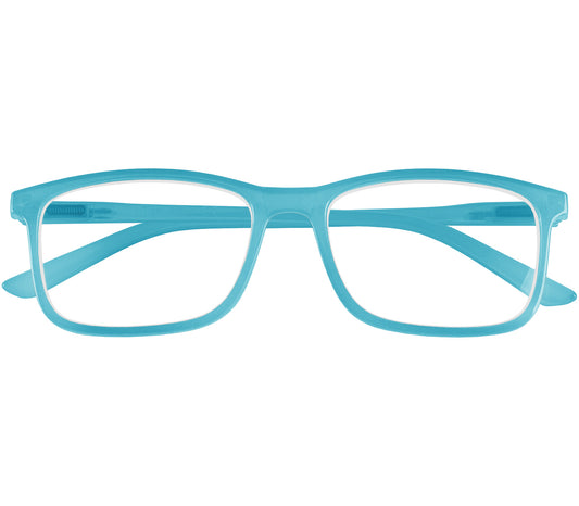 Sundae (Blue) classic shaped unisex reading glasses with a light slender frame and rectangular lenses. Front view.