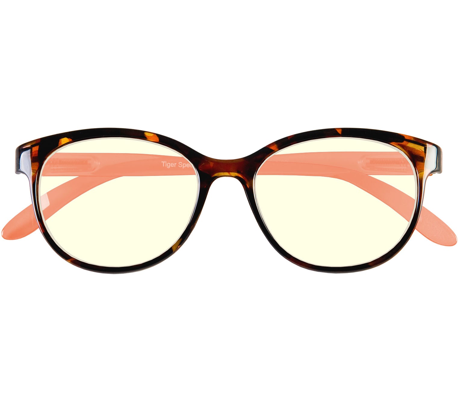 Lala Digital (Orange) cat eye shaped, women's reading glasses with a two tone tortoiseshell and orange frame and blue light lenses. Front view.