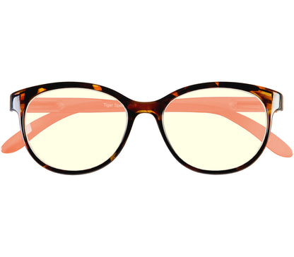 Lala Digital (Orange) cat eye shaped, women's reading glasses with a two tone tortoiseshell and orange frame and blue light lenses. Front view.