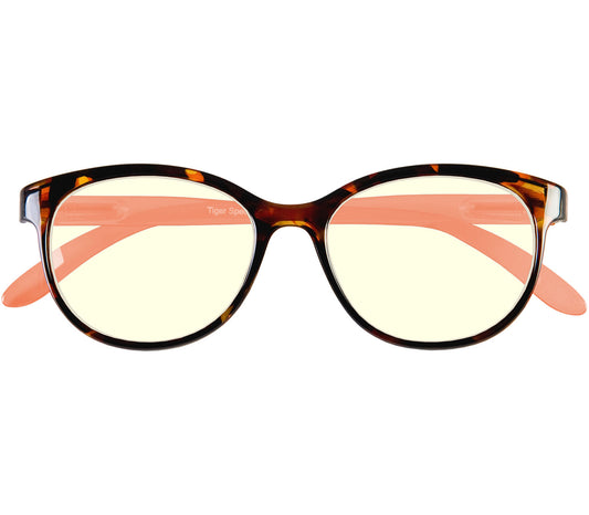 Lala Digital (Orange) cat eye shaped, women's reading glasses with a two tone tortoiseshell and orange frame and blue light lenses. Front view.
