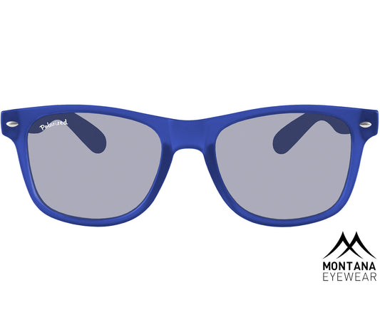Osaka (Blue) classic wayfarer shape sunglasses with oval, grey tinted lenses and bright blue frames. Front view.