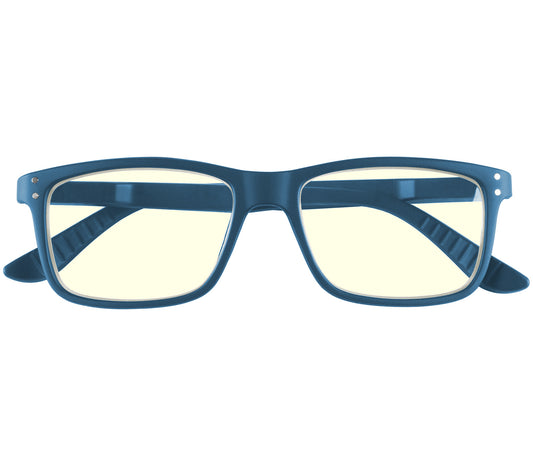 Austin (Blue) classic shaped, unisex blue light glasses. Deep blue frames with soft touch finish and rivet details. Front view.