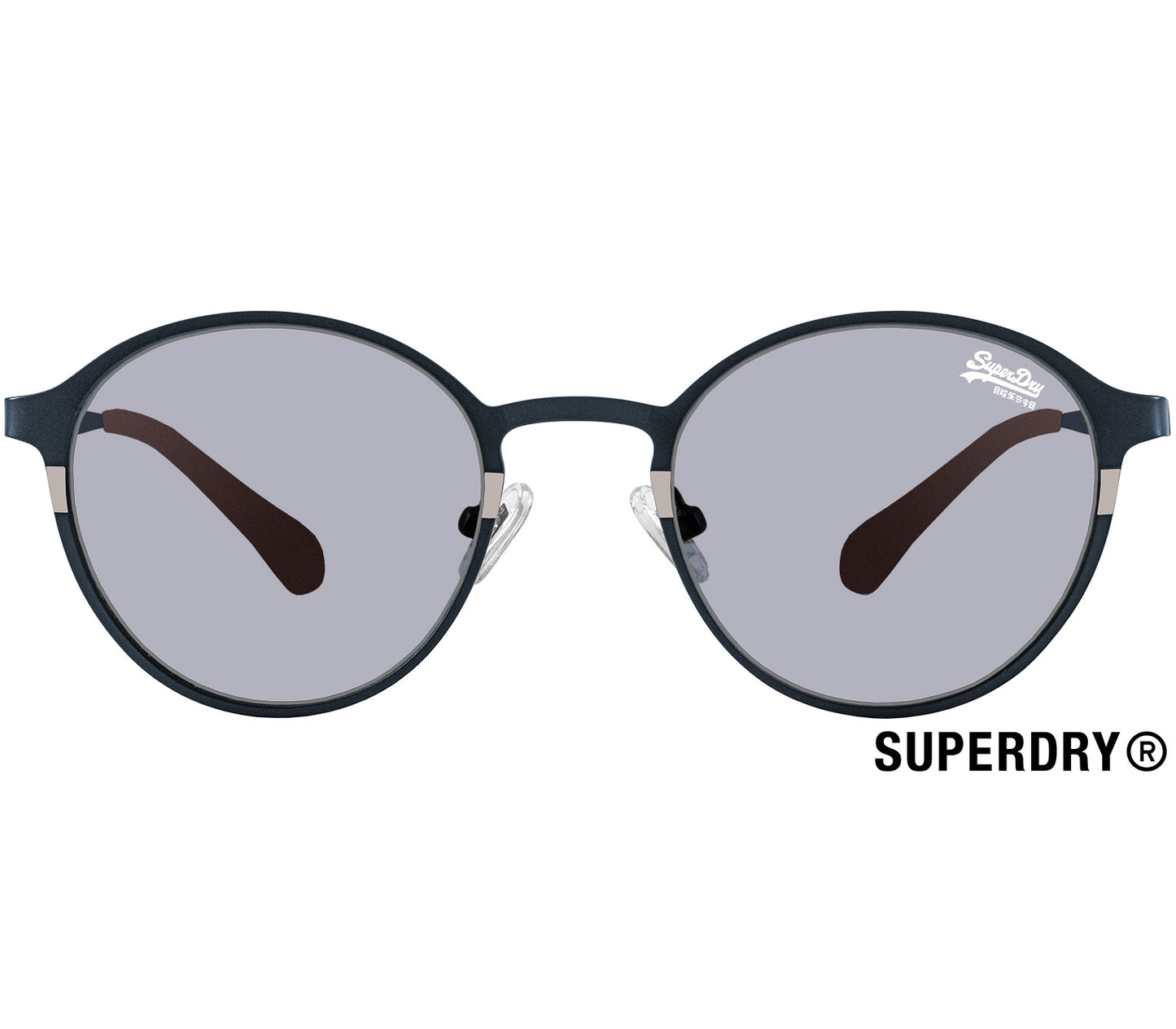 Boss (Blue) retro style sunglasses by Superdry. Navy blue metal frames and slender arms. Front view.