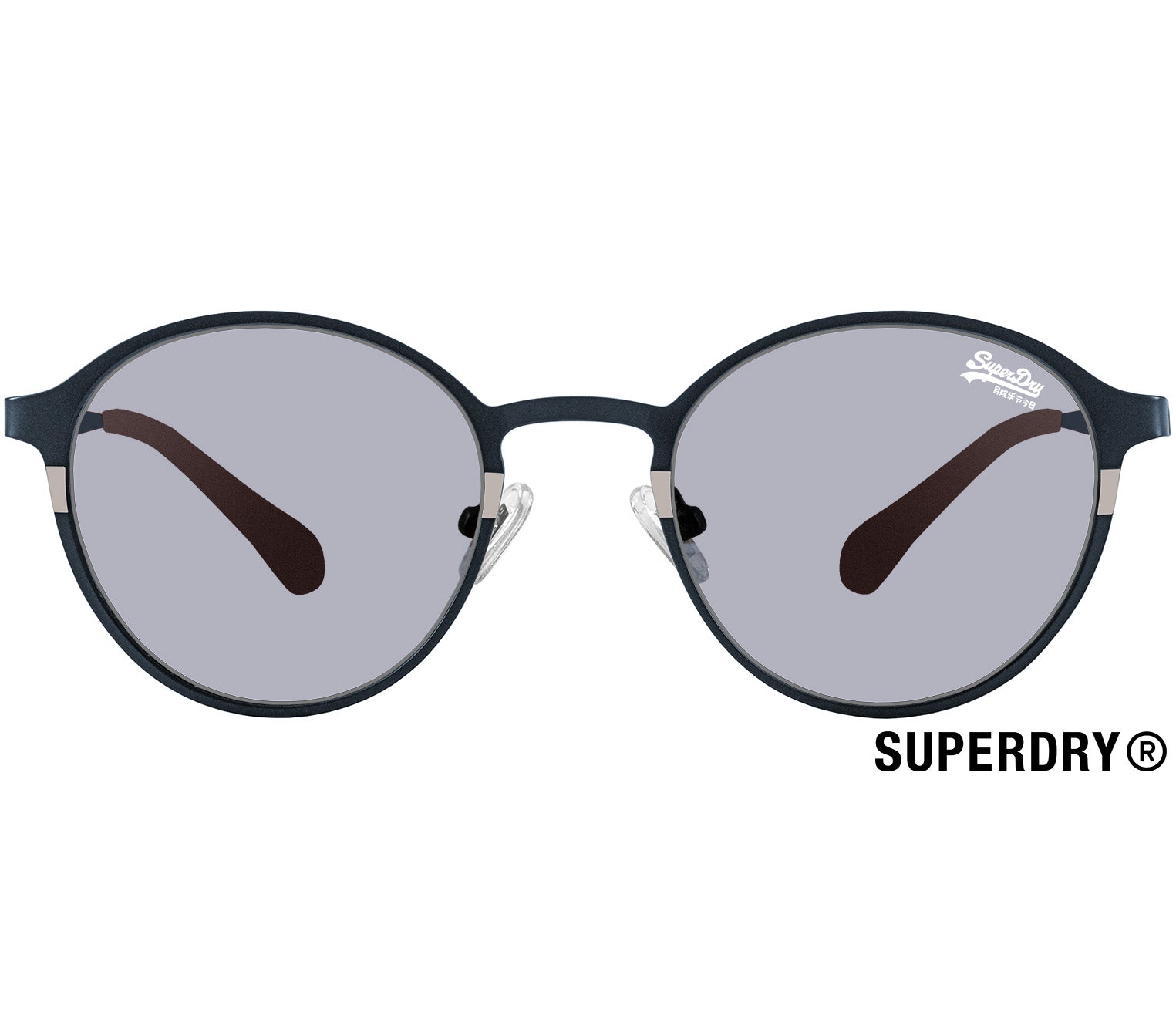 Boss (Blue) retro style sunglasses by Superdry. Navy blue metal frames and slender arms. Front view.