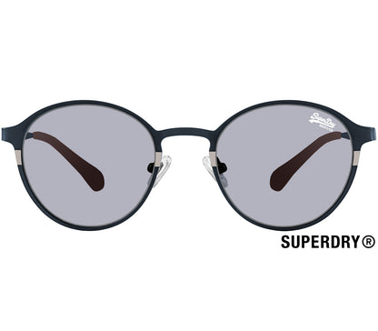 Boss (Blue) retro style sunglasses by Superdry. Navy blue metal frames and slender arms. Front view.
