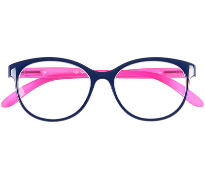 Angel (Blue) womens cat eye style reading glasses with blue frames and pink arms. Front view.