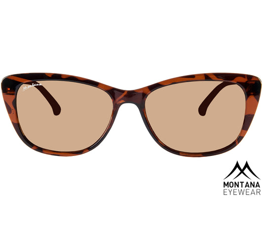 Maddie (Tortoiseshell) women's classic cat eye shaped sunglasses win a rich tortoiseshell frames with brown tinted lenses. Front view.